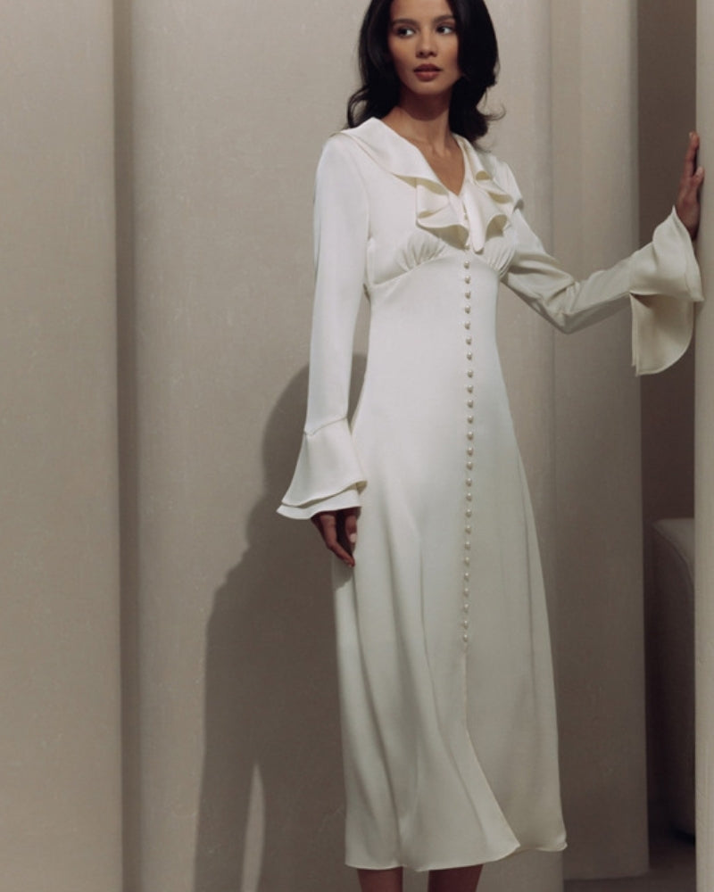 Elegant Pearl-Button Ruffle Midi Dress