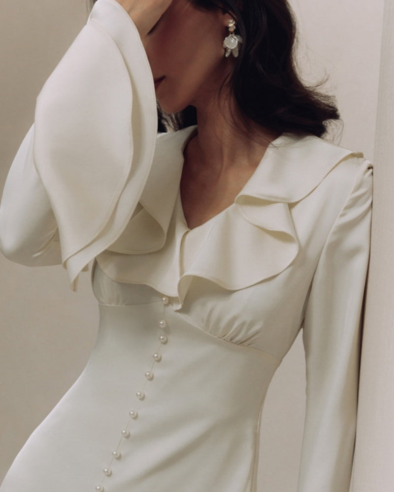 Elegant Pearl-Button Ruffle Midi Dress