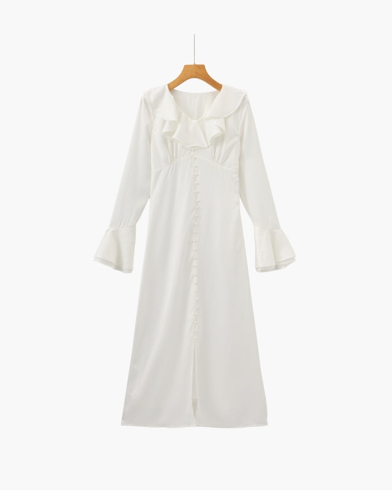 Elegant Pearl-Button Ruffle Midi Dress