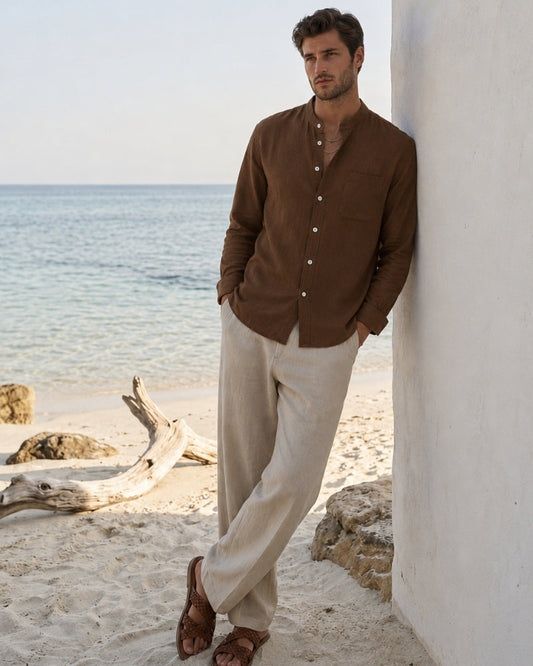 Men’s Textured Cotton Mandarin Collar Shirt – Relaxed Fit and Effortless Style