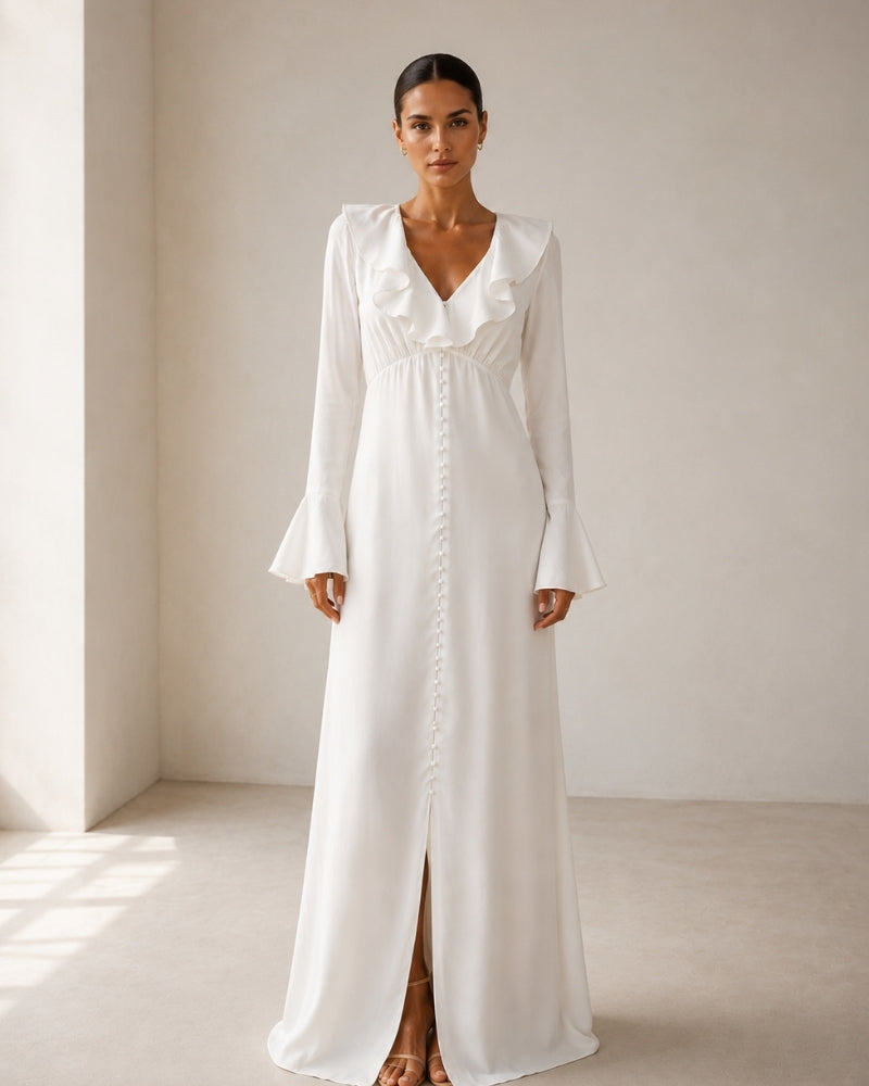 Elegant Pearl-Button Ruffle Midi Dress