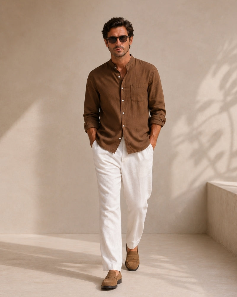 Men’s Textured Cotton Mandarin Collar Shirt – Relaxed Fit and Effortless Style