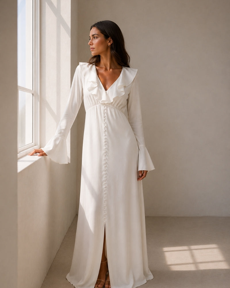 Elegant Pearl-Button Ruffle Midi Dress