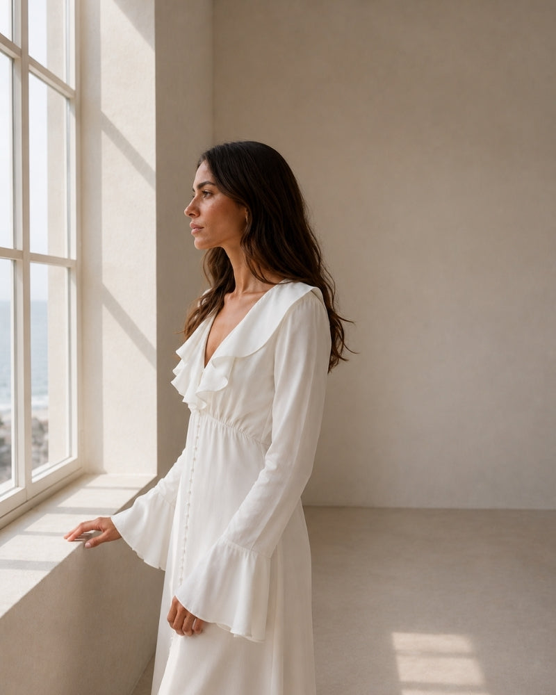 Elegant Pearl-Button Ruffle Midi Dress