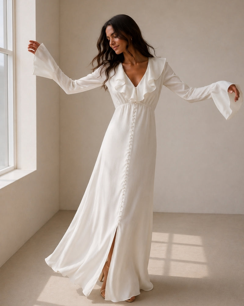 Elegant Pearl-Button Ruffle Midi Dress