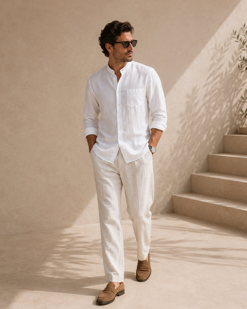 Men’s Textured Cotton Mandarin Collar Shirt – Relaxed Fit and Effortless Style
