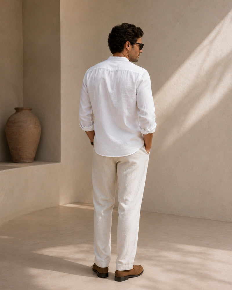 Men’s Textured Cotton Mandarin Collar Shirt – Relaxed Fit and Effortless Style