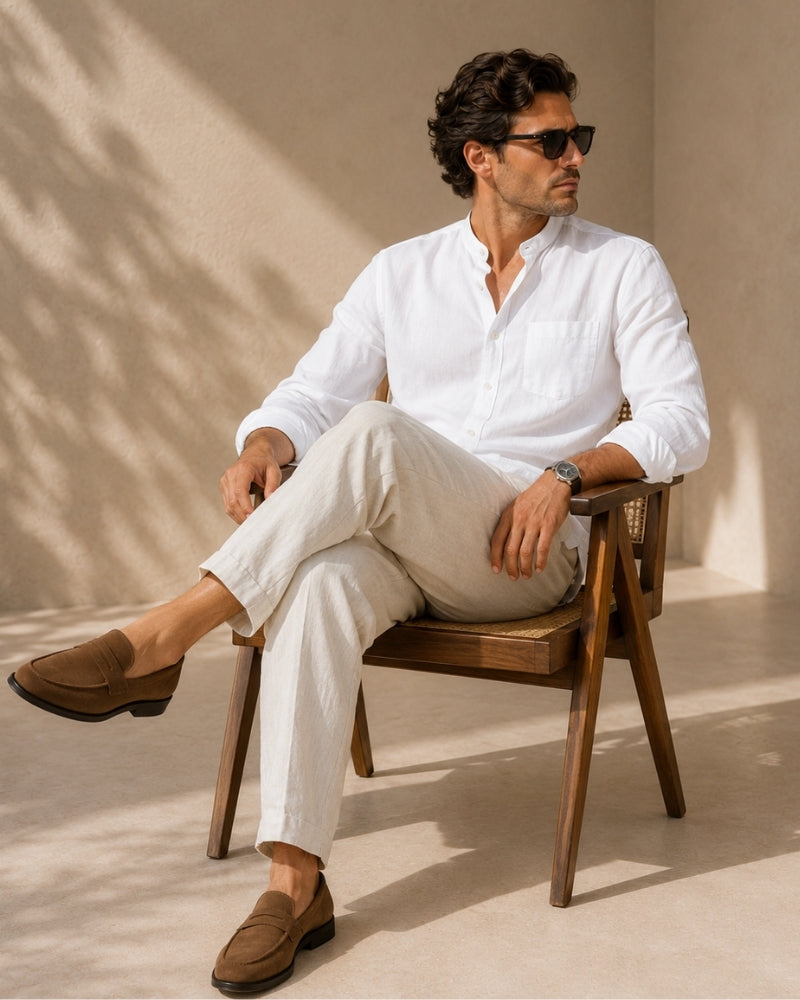 Men’s Textured Cotton Mandarin Collar Shirt – Relaxed Fit and Effortless Style