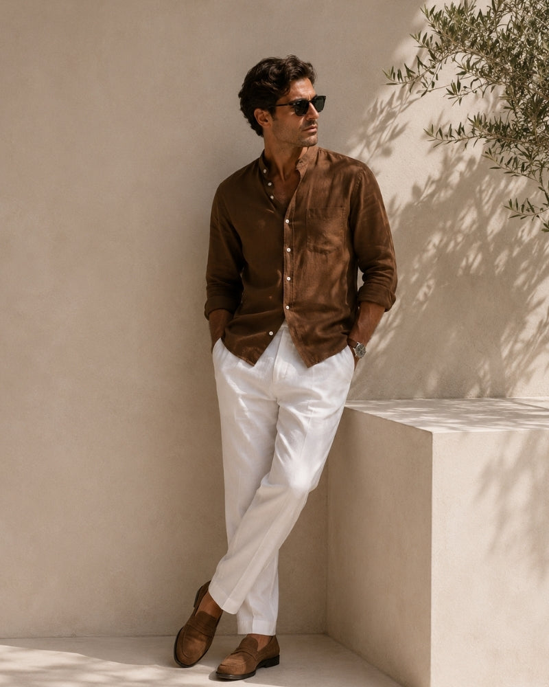 Men’s Textured Cotton Mandarin Collar Shirt – Relaxed Fit and Effortless Style