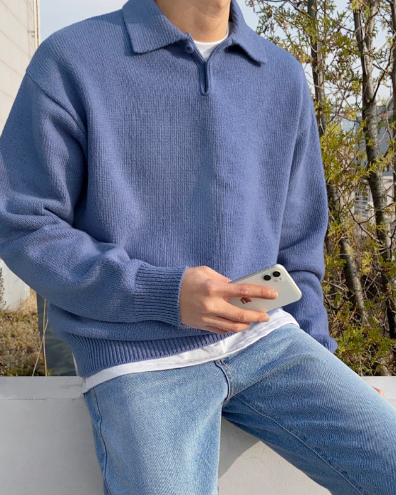 Woolen Half-Zip Sweater with Stylish Button Detail